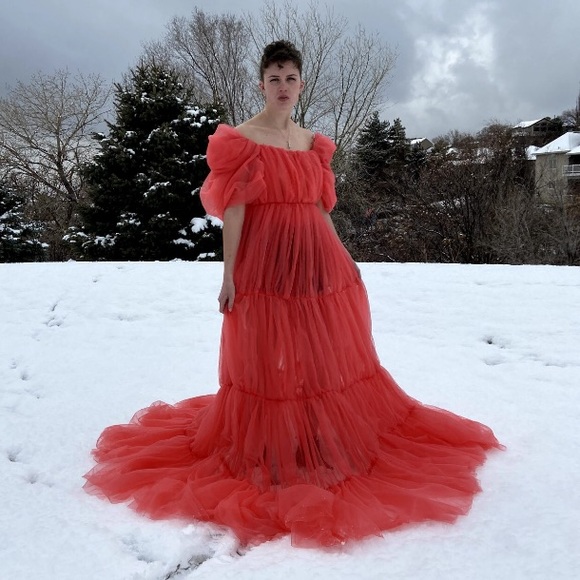 Coral Tulle Long Flowy Photoshoot Gown - Picture 3 of 5